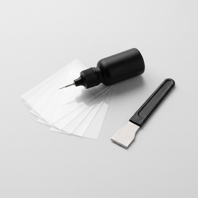 Jessewi GlassFix windshield repair kit: resin applicator, curing films and razor blade