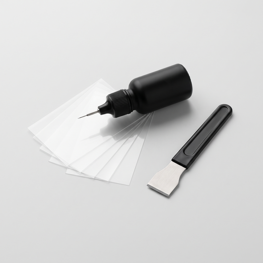 Jessewi GlassFix windshield repair kit: resin applicator, curing films and razor blade